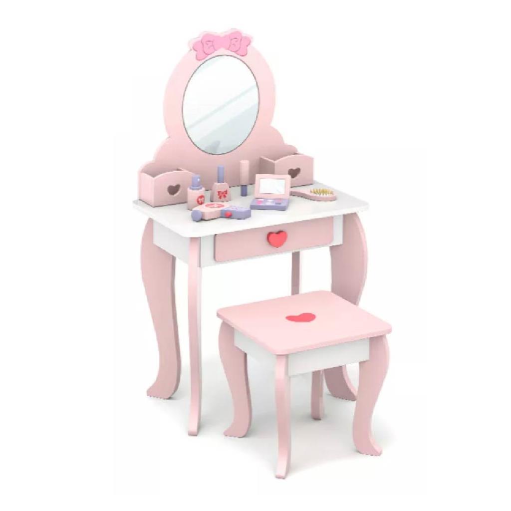 Kids Wooden Vanity Table Set with Mirror & Stool